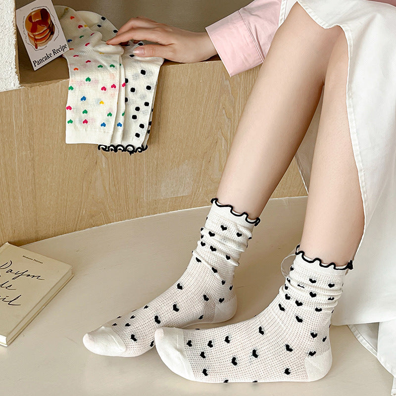Rufia - 4 Pairs Heart and Polka Dot Mesh Socks