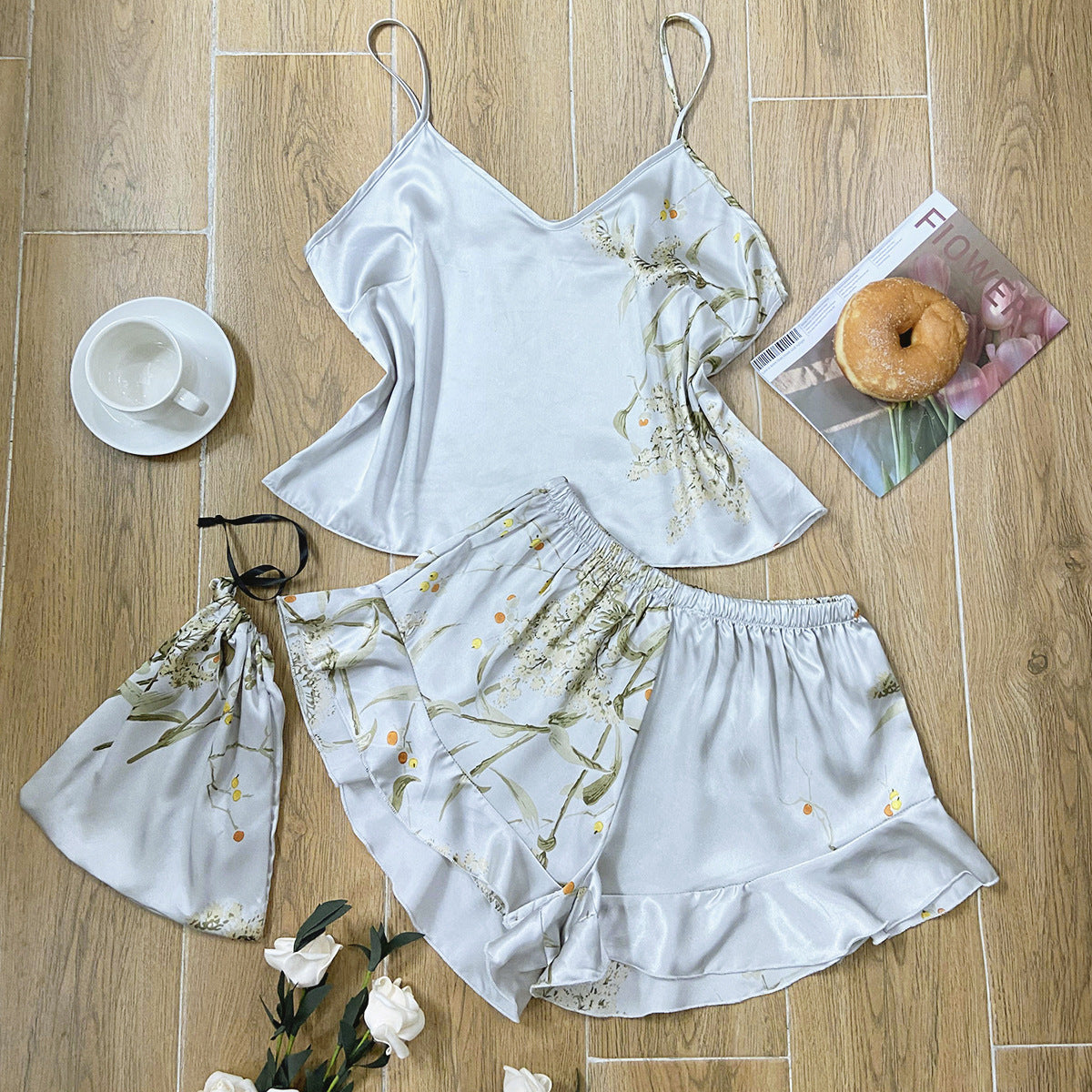 Cherry Blossom Pattern Faux Silk Pajama Set (2-Piece)
