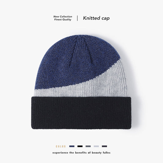 Navy colorblock faux fur-lined cuffed knit beanie product view