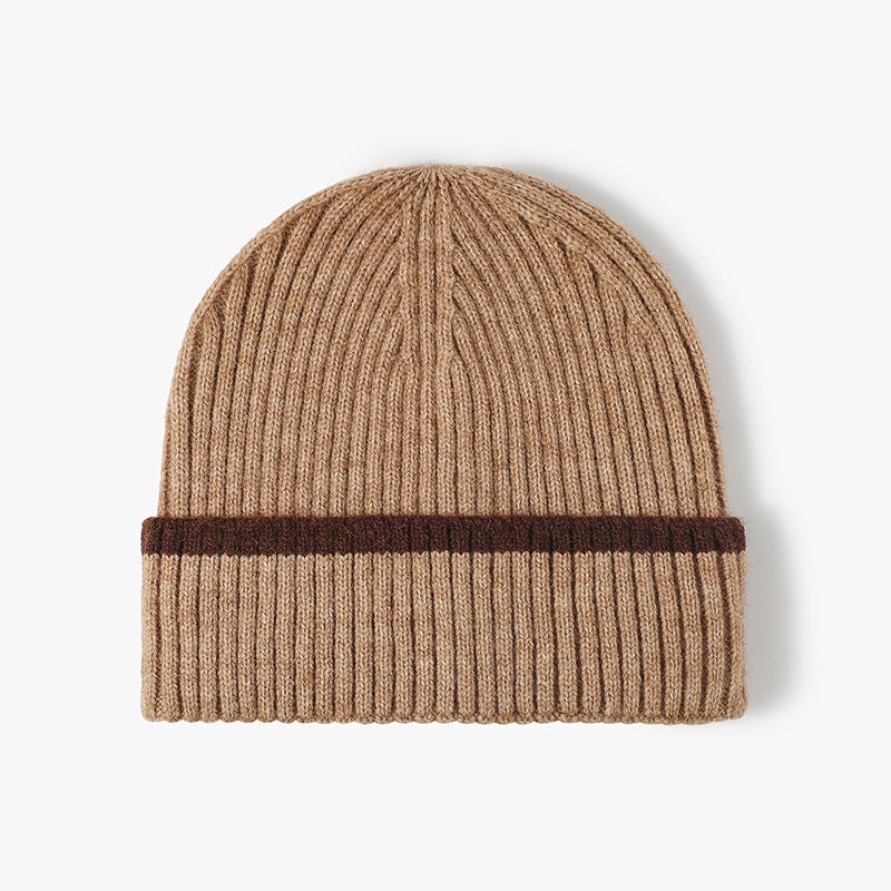 Khaki contrast stripe ribbed cuffed knit beanie product view