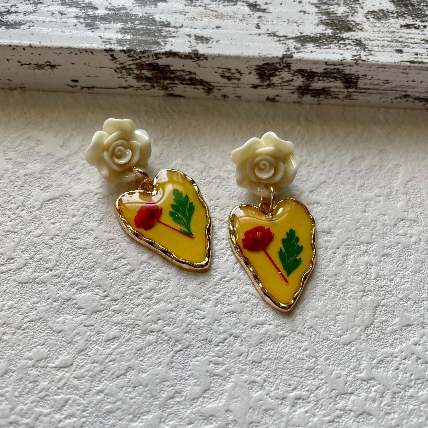 Vintage Yellow Rose & Heart Earrings