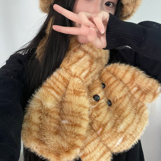 2024新款毛茸茸可爱小熊豹纹渔夫帽子女冬季加厚保暖卡通围巾围脖