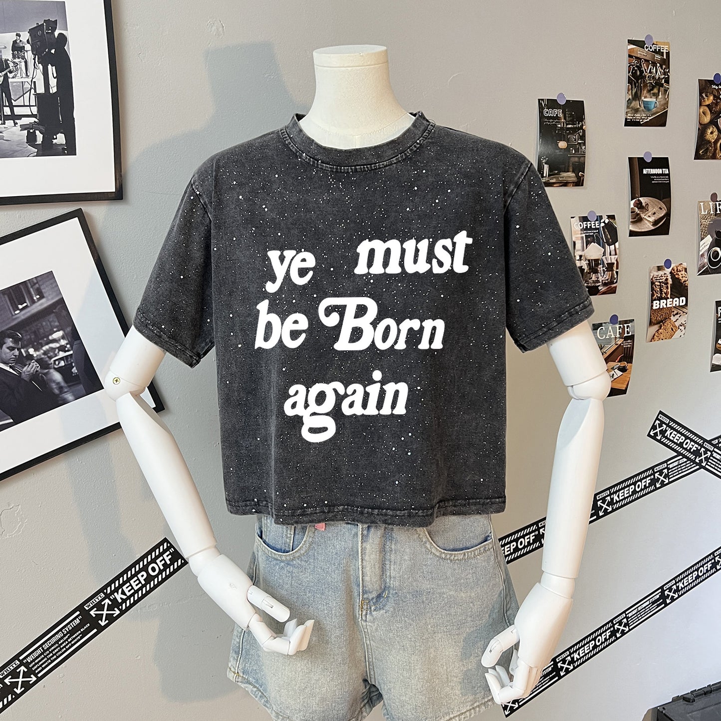 Teesher - Cropped Black Star & Letter Print T-Shirt