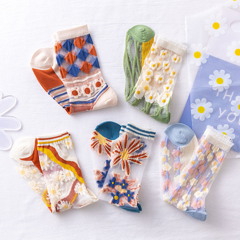 Rufia Mesh Socks for Women - Cool and Fashionable | 5 Pairs with Flower Pattern