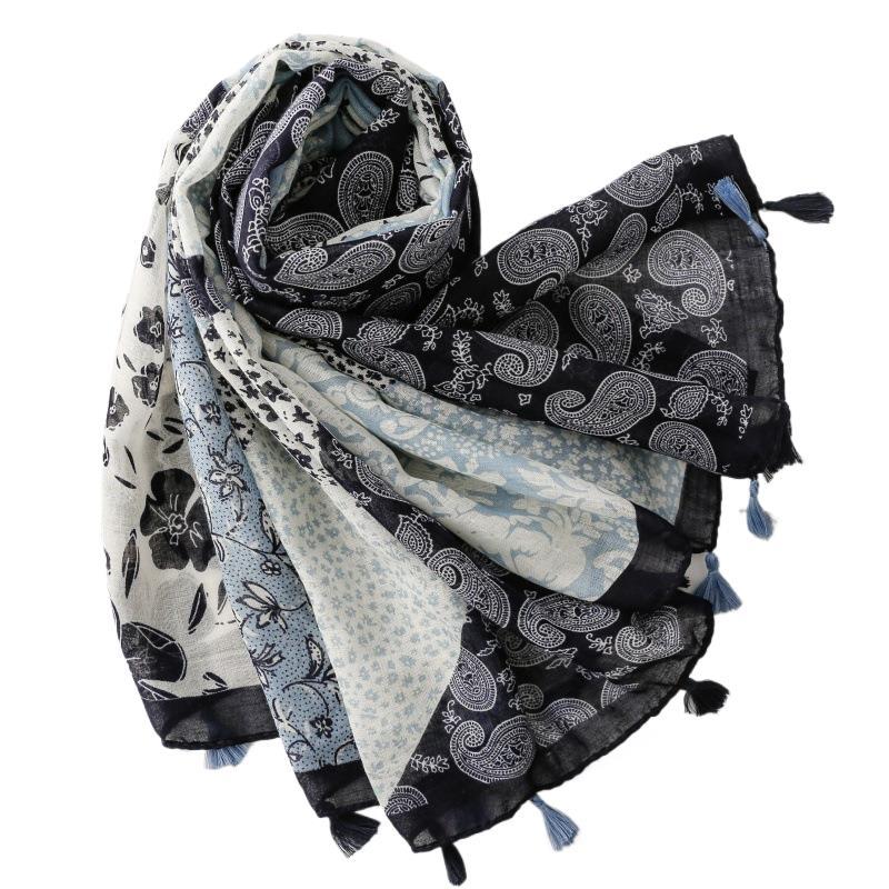 Paisley Blue Patchwork Paisley Tassel Wrap Scarf, product detail view
