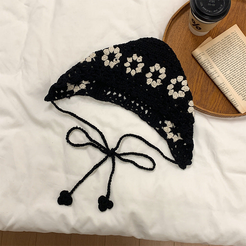 Crochet vintage hat positioned to show brim and overall style