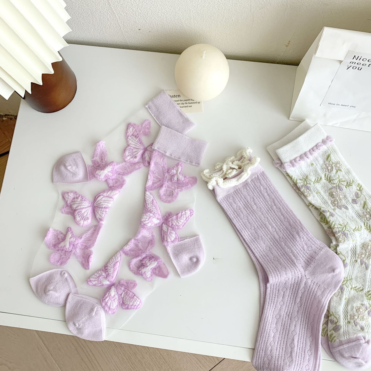 Rufia - Adorable Purple Patterned Sheer Socks