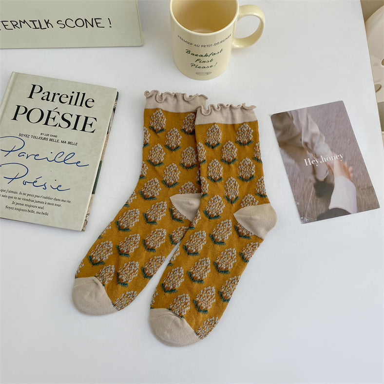 Rufia - Embossed Wheat Ear Pattern Ruffle Mid-Calf Socks