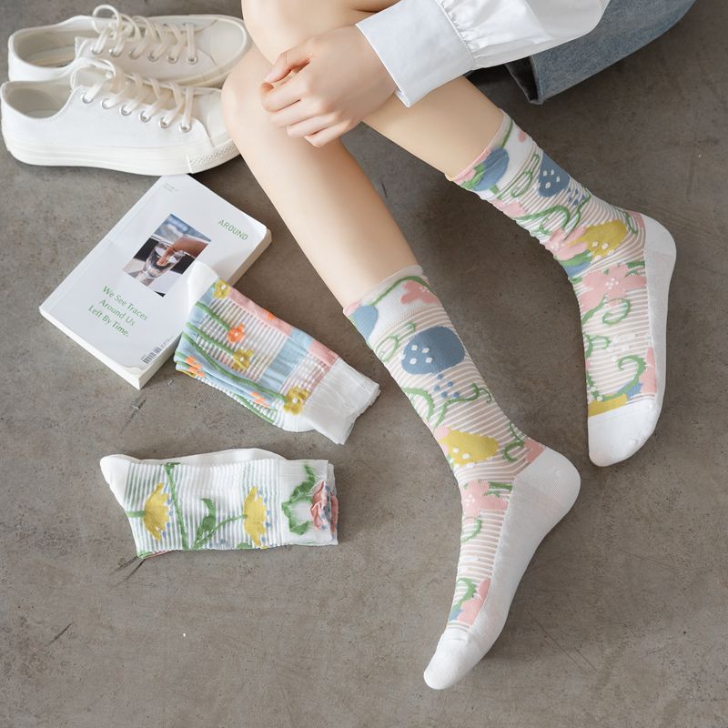 Rufia - Floral Sheer Socks with White Base