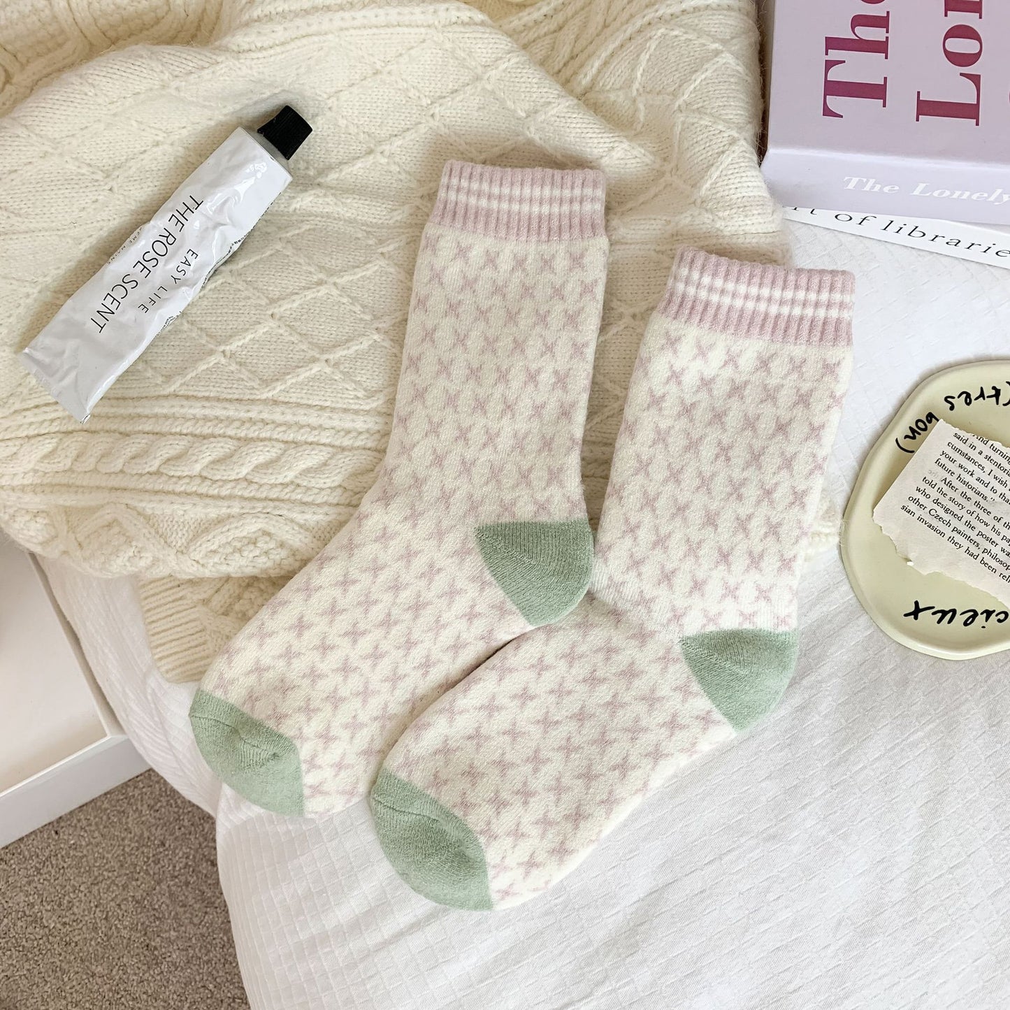 Rufia - Pastel Green & Pink Winter Socks