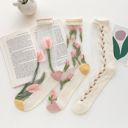 Close-up of Rufia crew socks showing detailed mesh tulip pattern in soft colors