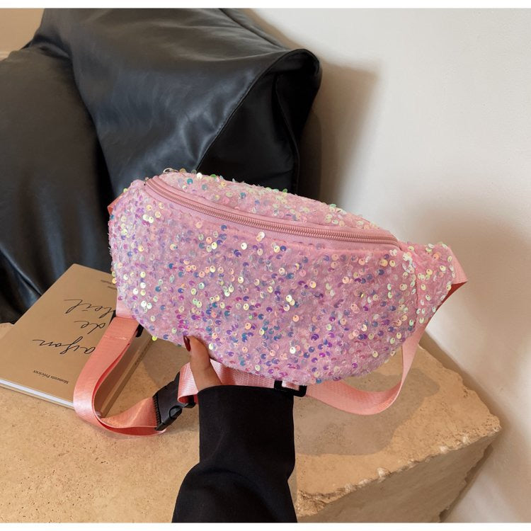 Cosbai Iridescent Sequined Belt Bag color options including BLACK, GREEN, PINK