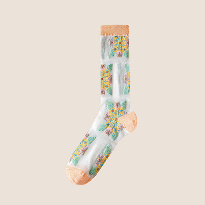 Rufia - Embroidered Floral Pattern Sheer Socks