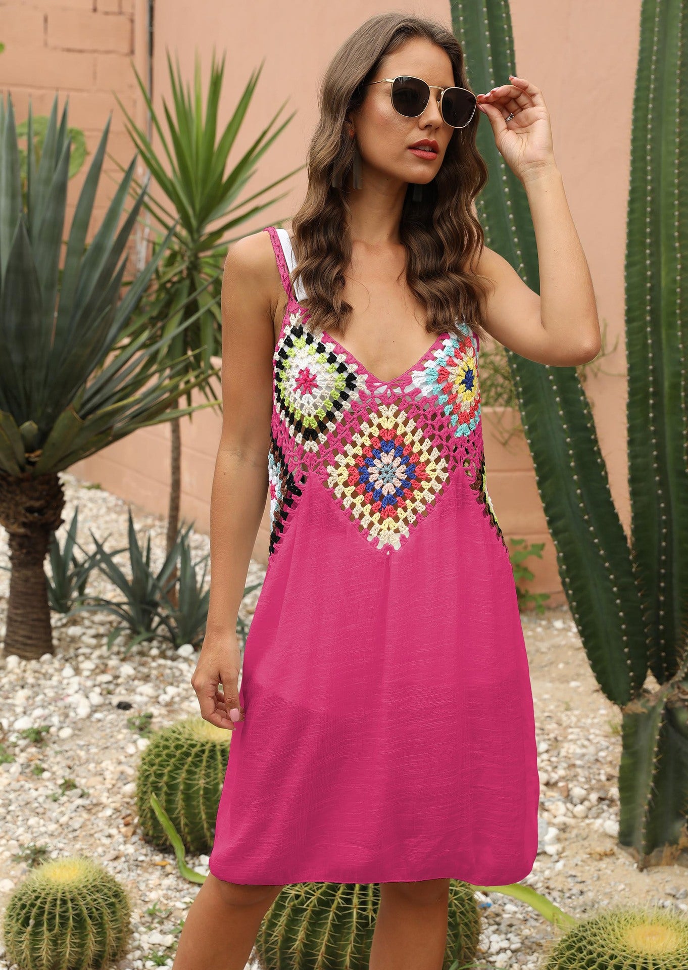 Mixed Color Crocheted Patchwork Camisole Dress