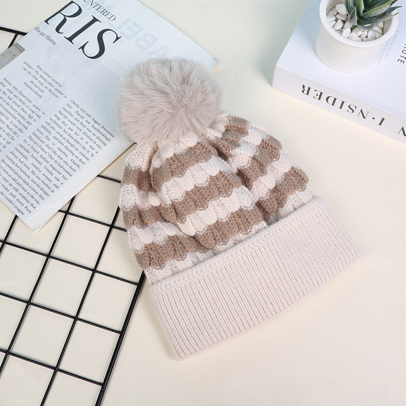 Haila - Women's Striped Fleece Lined Beanie with Pom