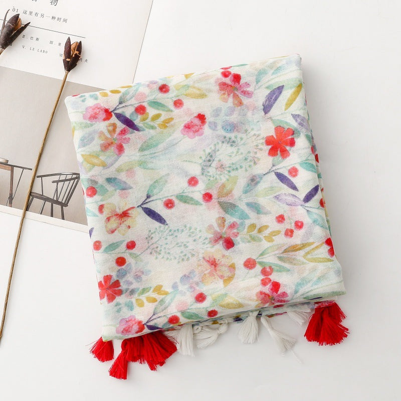 Spring Meadow Floral Tassel Wrap Scarf, folded pattern detail