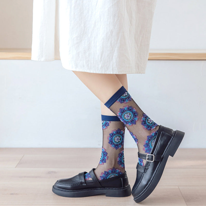 Rufia - Bohemian Floral Pattern Sheer Socks