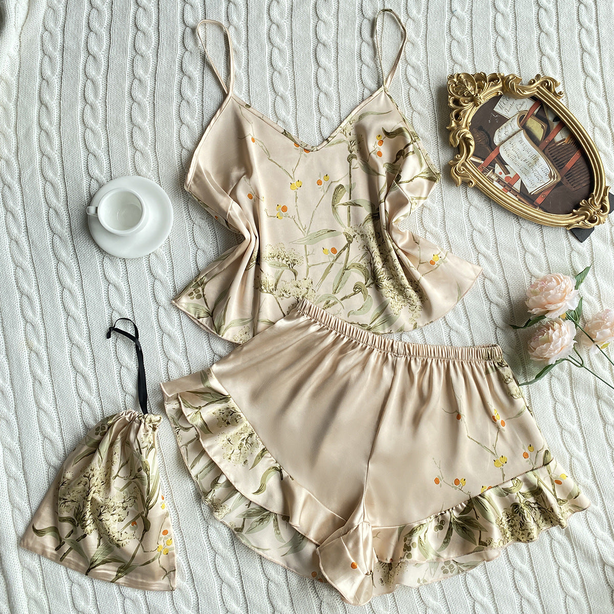Cherry Blossom Pattern Faux Silk Pajama Set (2-Piece)