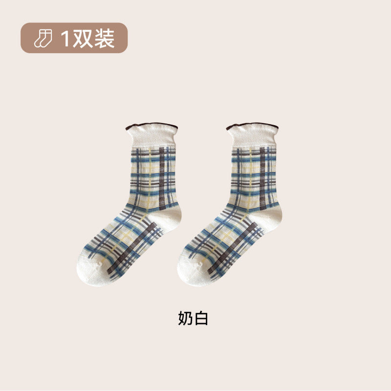 远润家日系复古格子条纹袜子中筒女秋冬新款百搭无骨堆堆袜