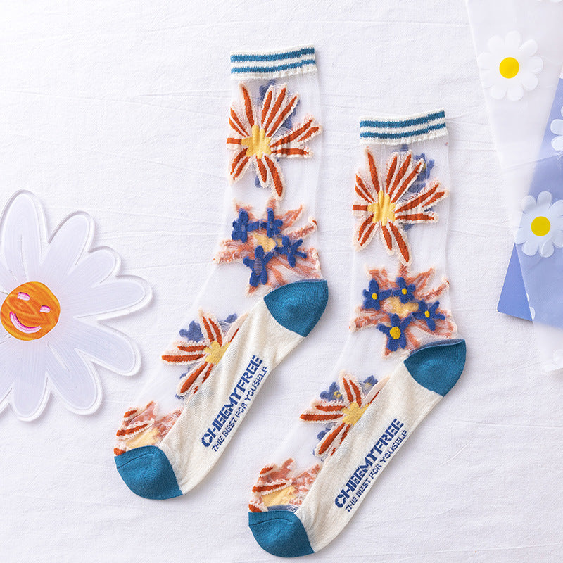 Rufia Mesh Socks for Women - Cool and Fashionable | 5 Pairs with Flower Pattern