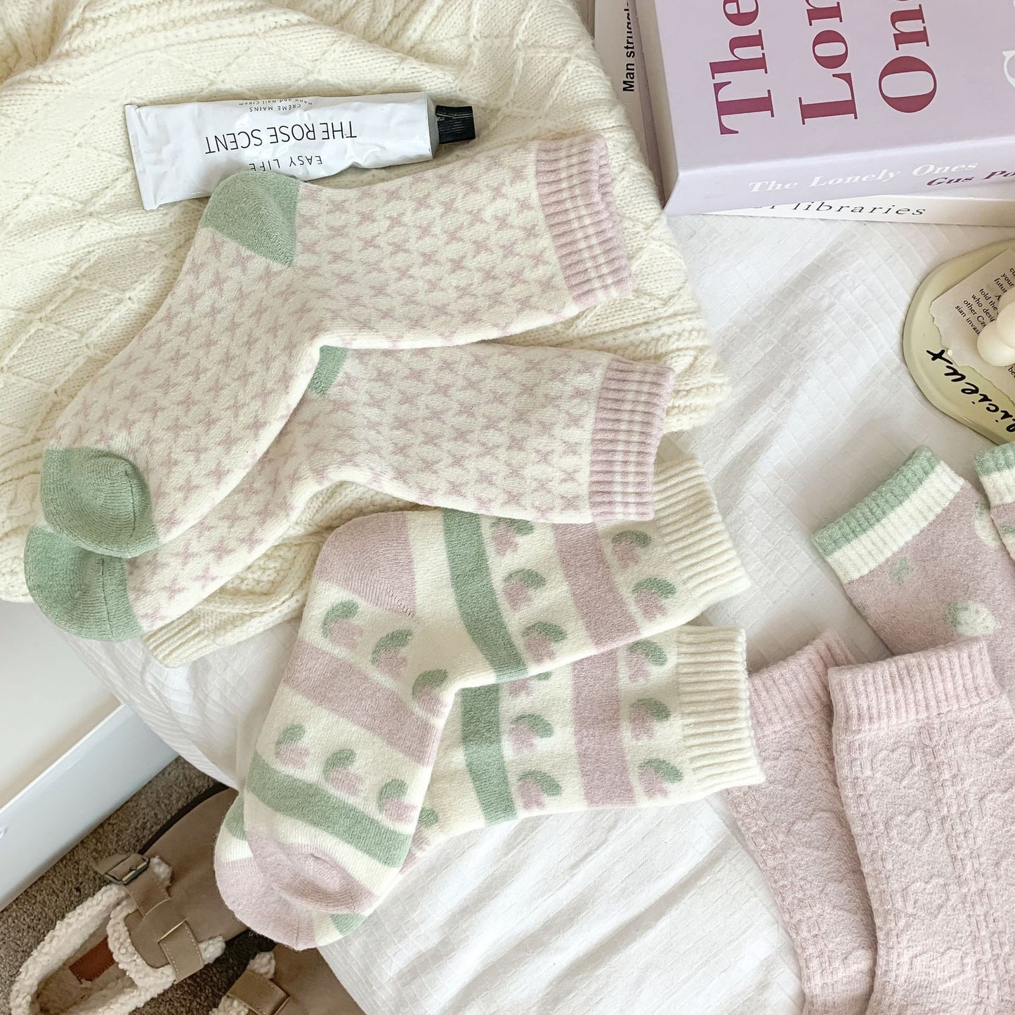 Rufia - Pastel Green & Pink Winter Socks