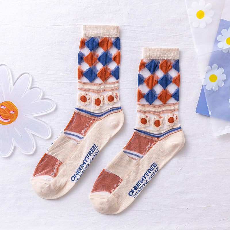Rufia Mesh Socks for Women - Cool and Fashionable | 5 Pairs with Flower Pattern