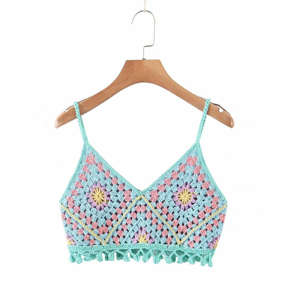 Detailed shot of tassels on Crosa Bohemian crochet tank top