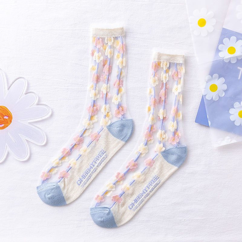 Rufia Mesh Socks for Women - Cool and Fashionable | 5 Pairs with Flower Pattern