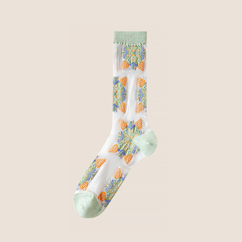 Rufia - Embroidered Floral Pattern Sheer Socks