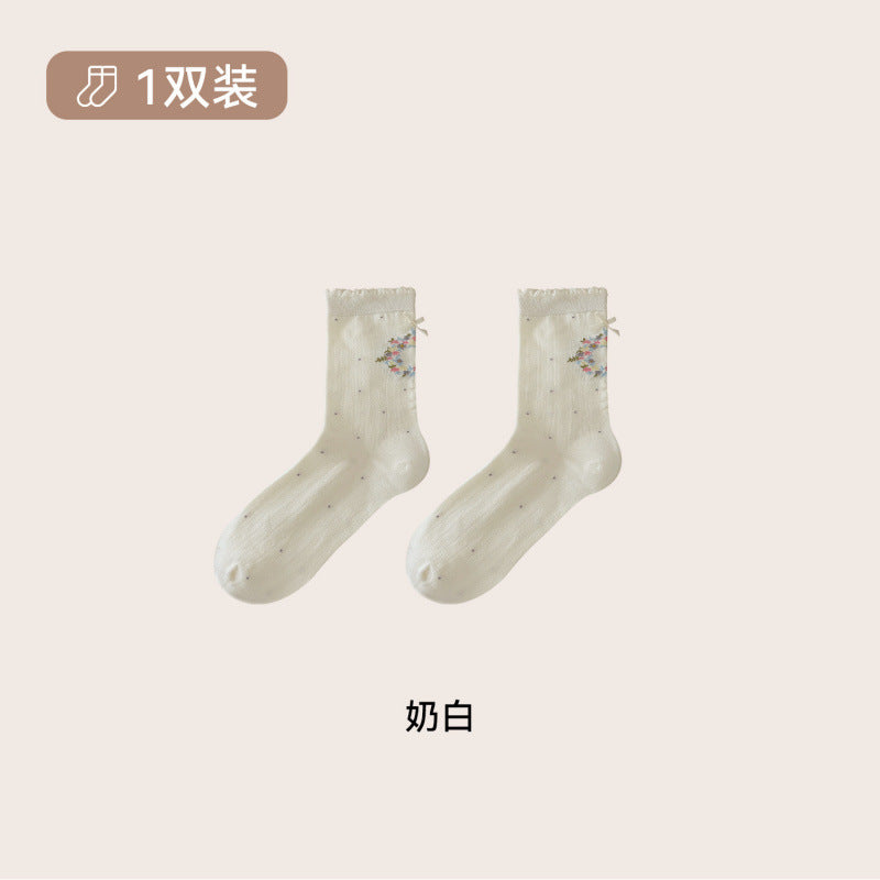 远润家秋冬小清新复古小花中筒袜子女秋少女风无骨堆堆女袜