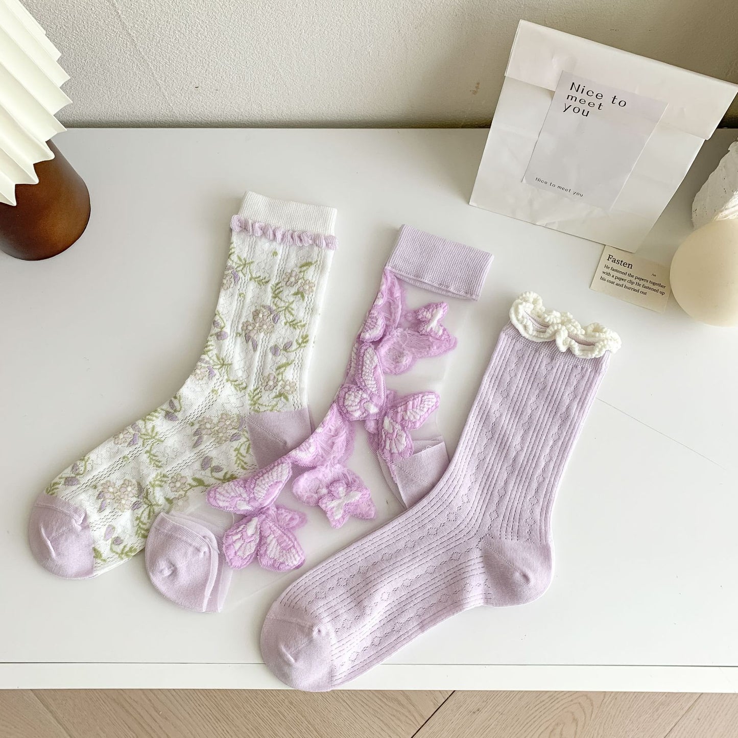 Rufia - Adorable Purple Patterned Sheer Socks