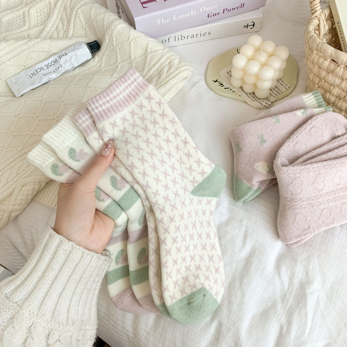 Rufia - Pastel Green & Pink Winter Socks
