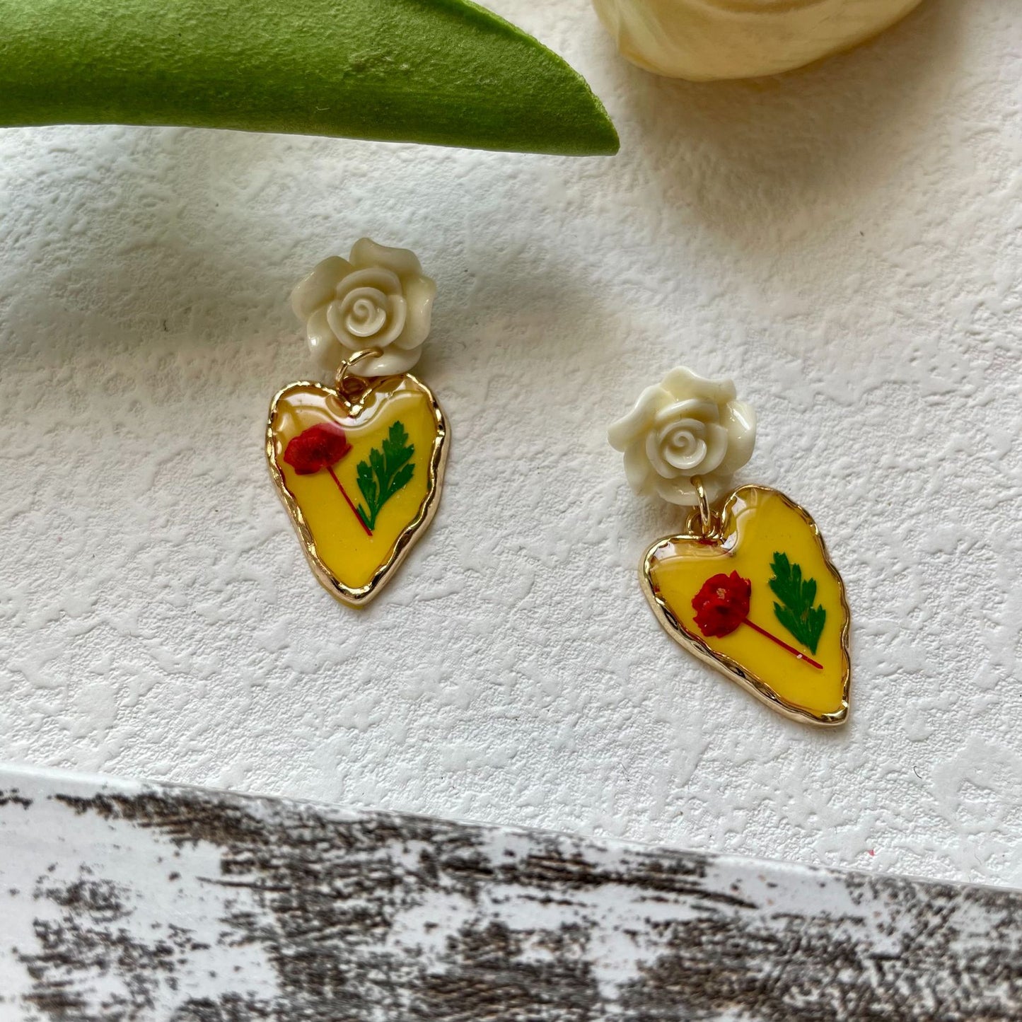 Vintage Yellow Rose & Heart Earrings