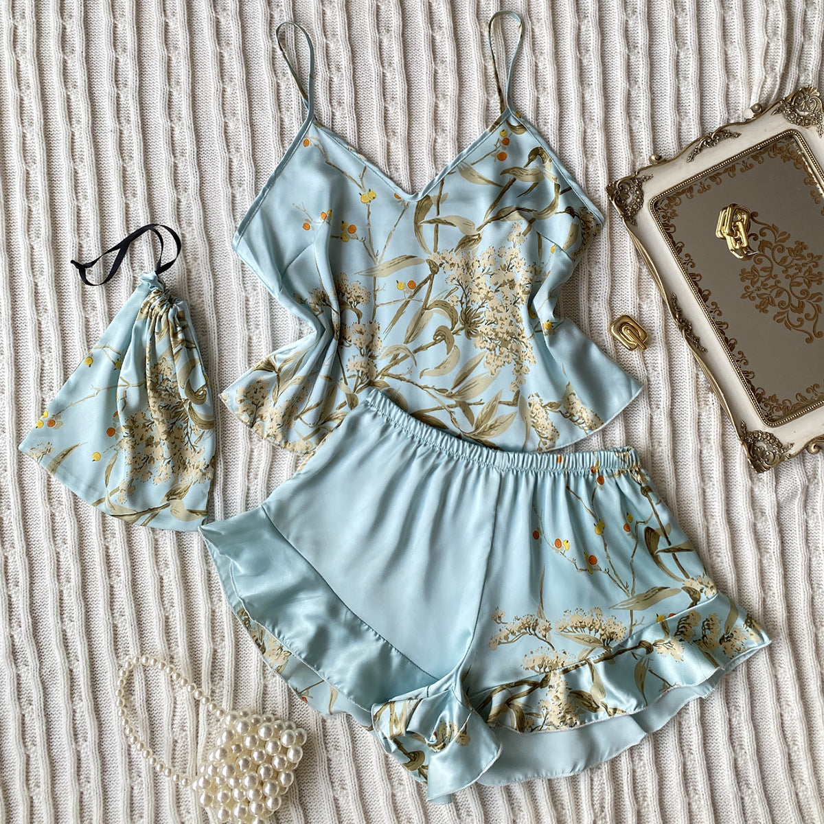 Cherry Blossom Pattern Faux Silk Pajama Set (2-Piece)