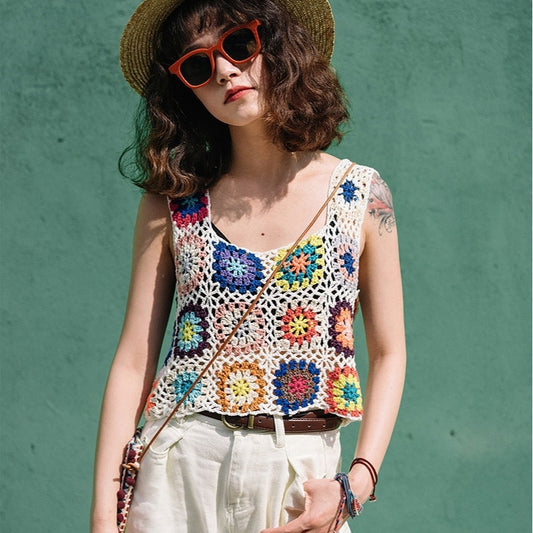 Side view of Crosa Boho Crochet Camisole Tank Top showing crochet details