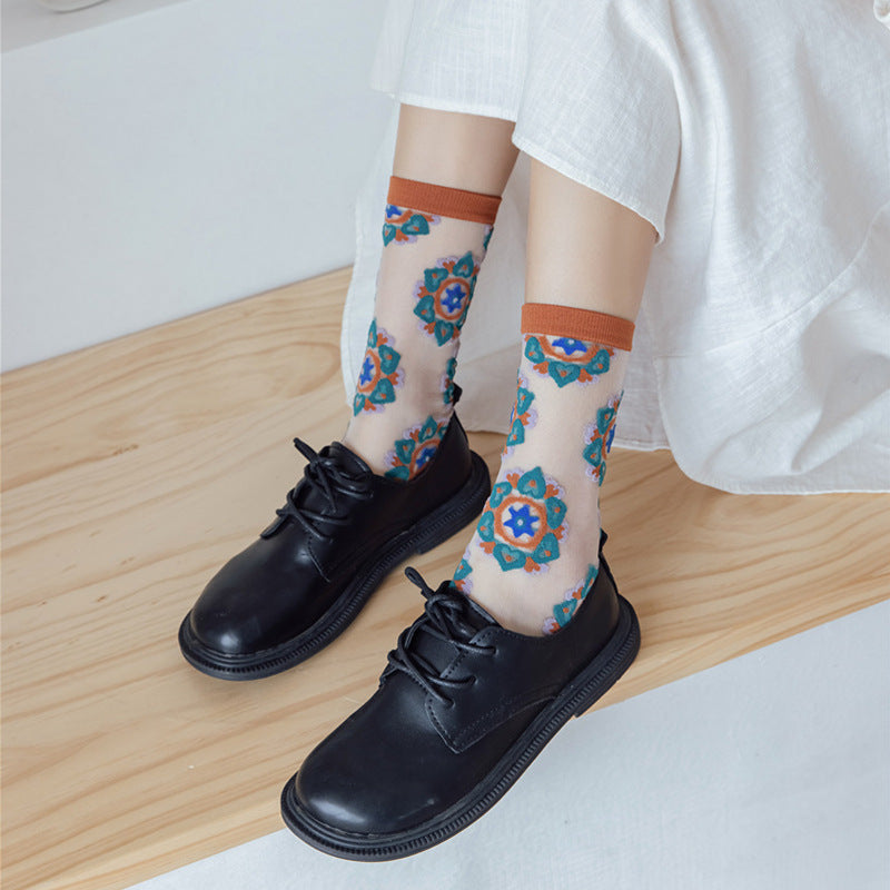Rufia - Bohemian Floral Pattern Sheer Socks