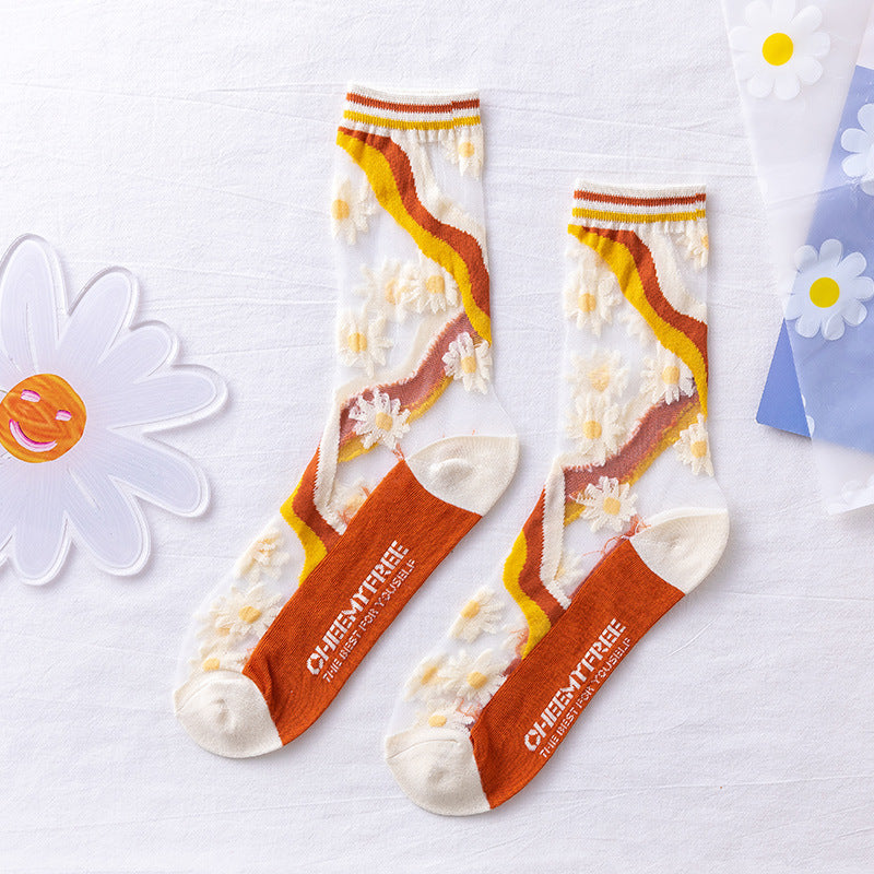 Rufia Mesh Socks for Women - Cool and Fashionable | 5 Pairs with Flower Pattern