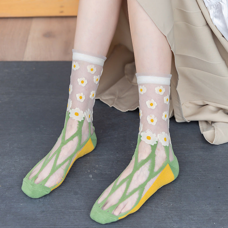 Rufia Mesh Socks for Women - Cool and Fashionable | 5 Pairs with Flower Pattern