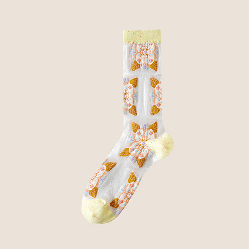 Rufia - Embroidered Floral Pattern Sheer Socks