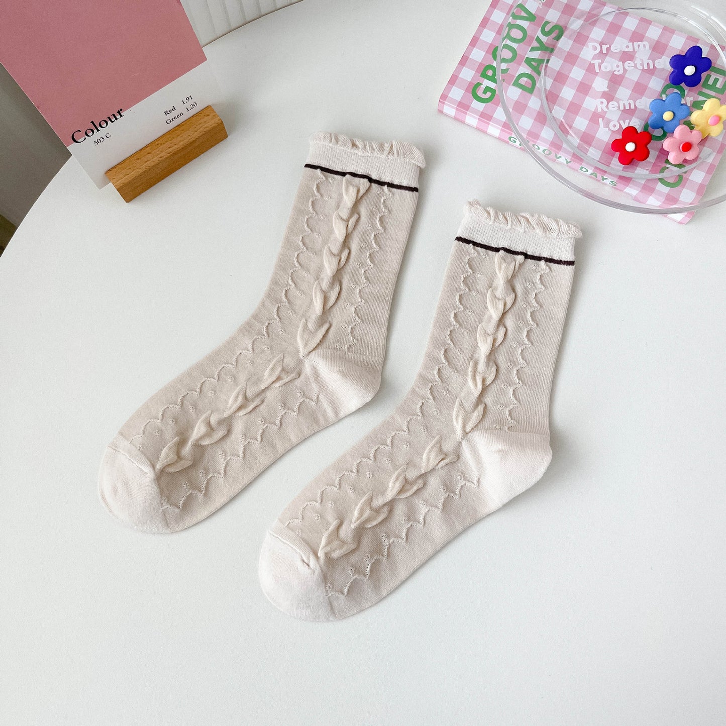 Rufia - Cute Patterned Socks in Pink and White