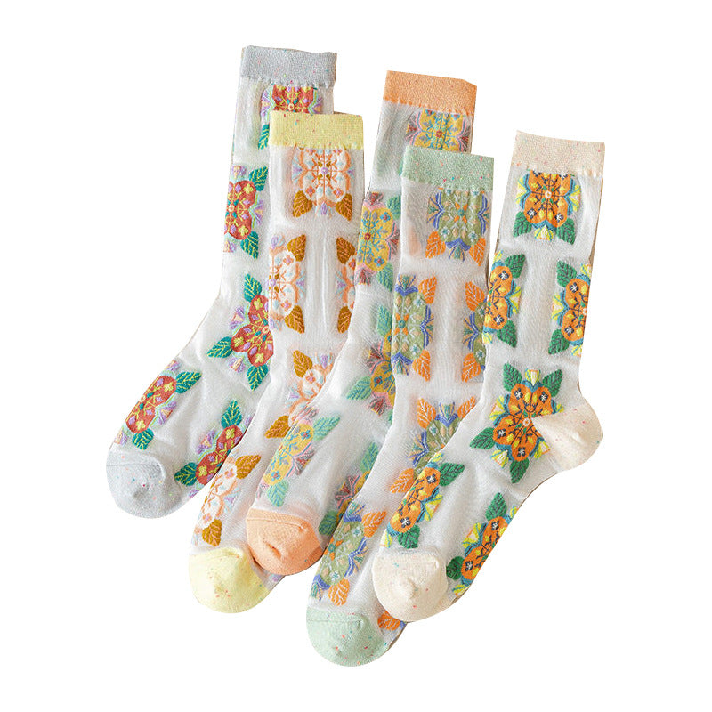Rufia - Embroidered Floral Pattern Sheer Socks