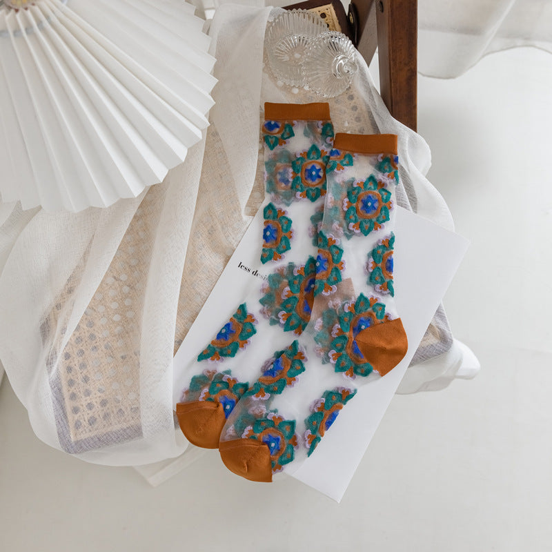 Rufia - Bohemian Floral Pattern Sheer Socks