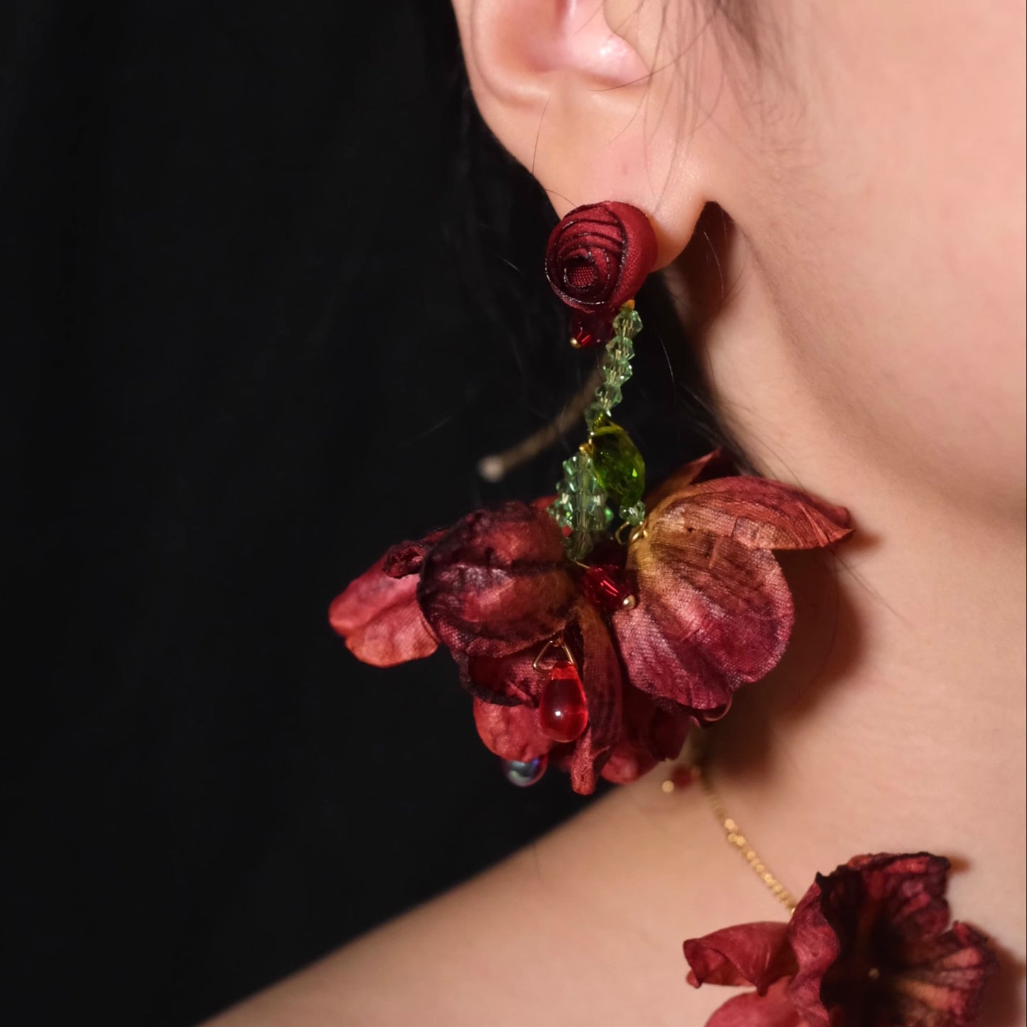 Red Sheer Floral Tassel Earrings