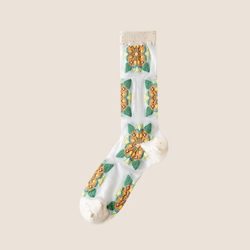 Rufia - Embroidered Floral Pattern Sheer Socks