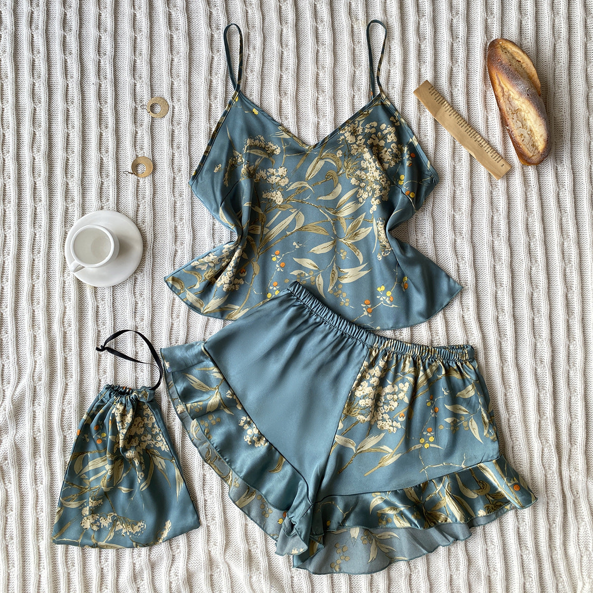 Cherry Blossom Pattern Faux Silk Pajama Set (2-Piece)