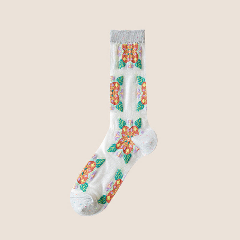Rufia - Embroidered Floral Pattern Sheer Socks