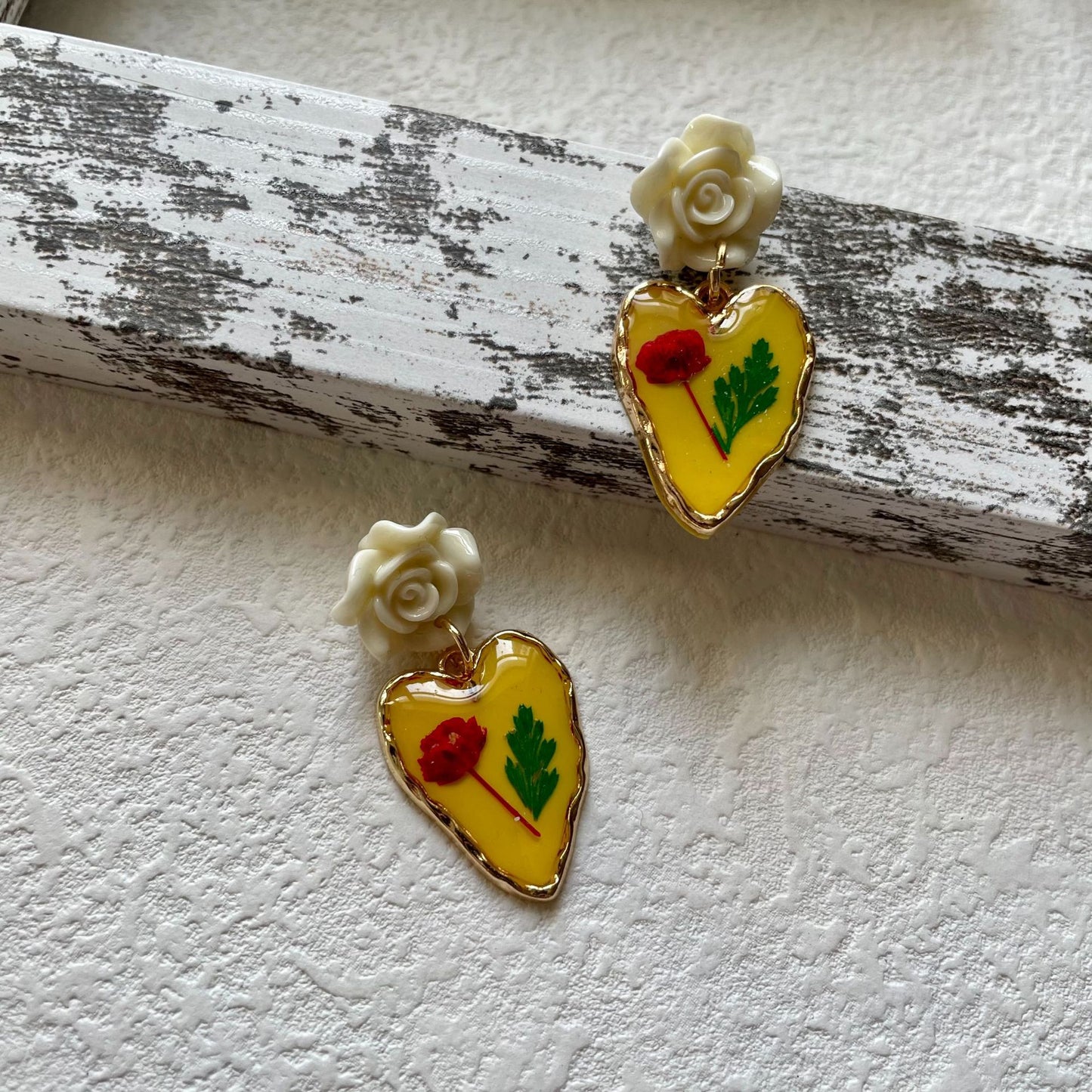 Vintage Yellow Rose & Heart Earrings