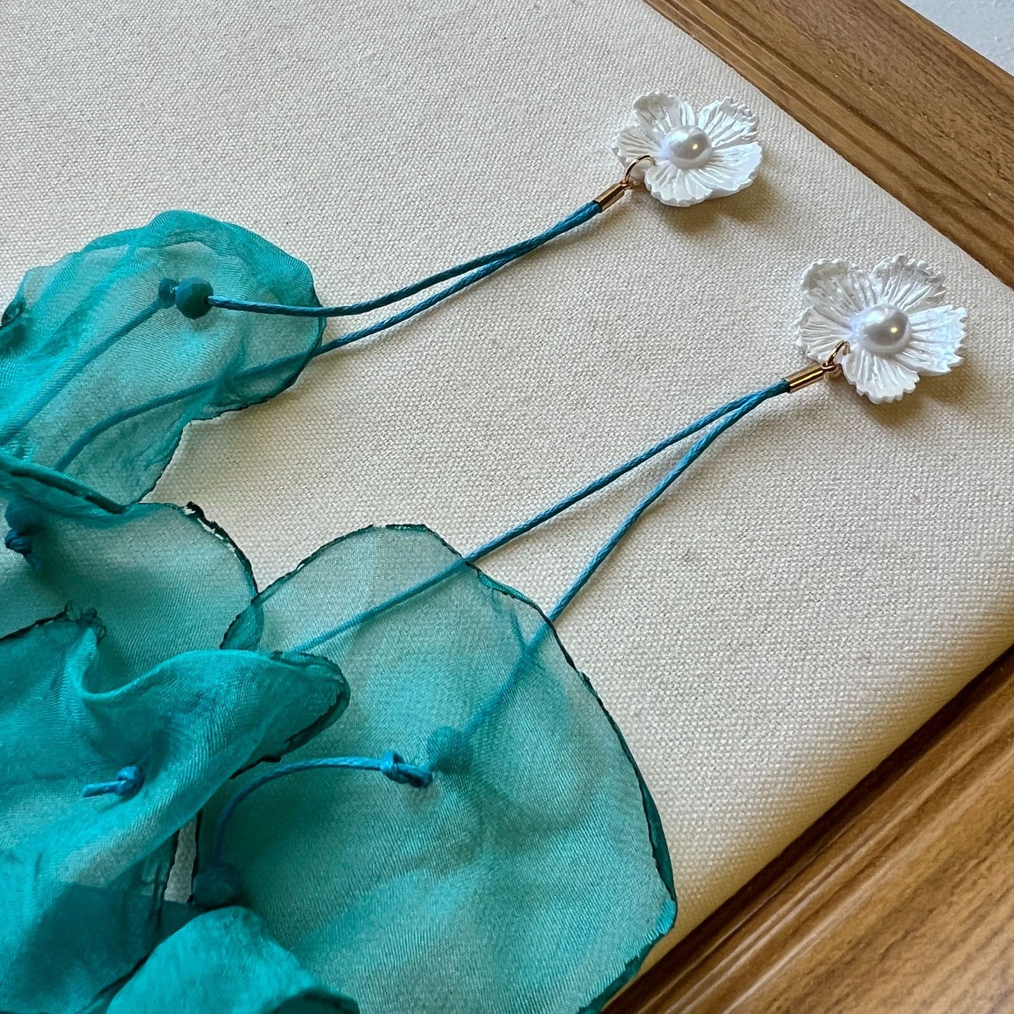 Teal Sheer Floral Tassel Earrings