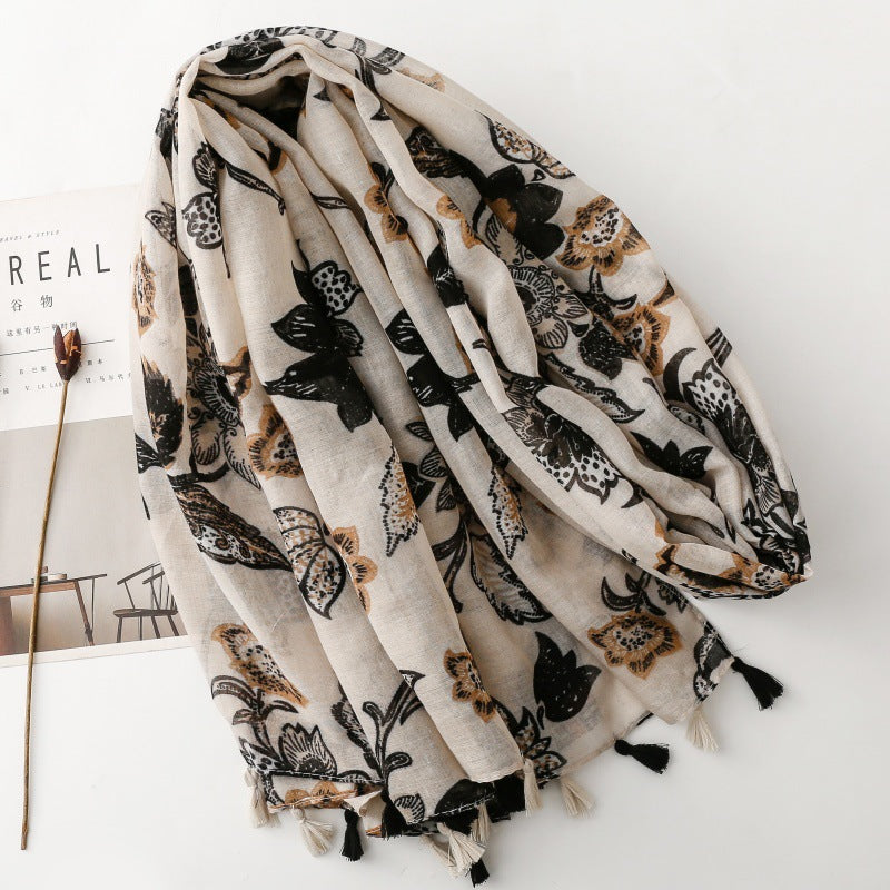 Ivory Black Botanical Tassel Wrap Scarf, folded pattern detail