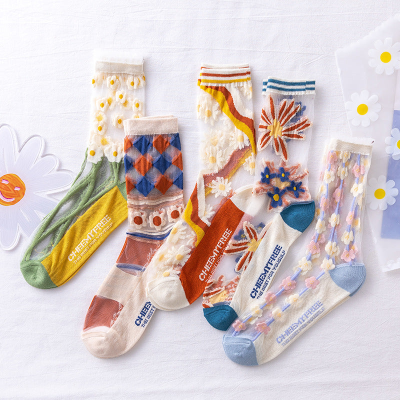 Rufia - Hollow-out Floral Pattern Sheer Socks